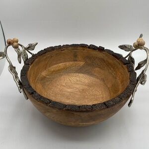 Artisan LiveEdge Mango Wood Bowl Sculptural metal Olive Branch Handles